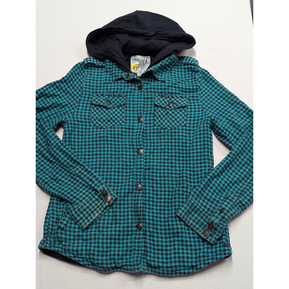O'Neill Womens Teal Black Buffalo Check Hooded Flannel Shirt Studded Pockets L